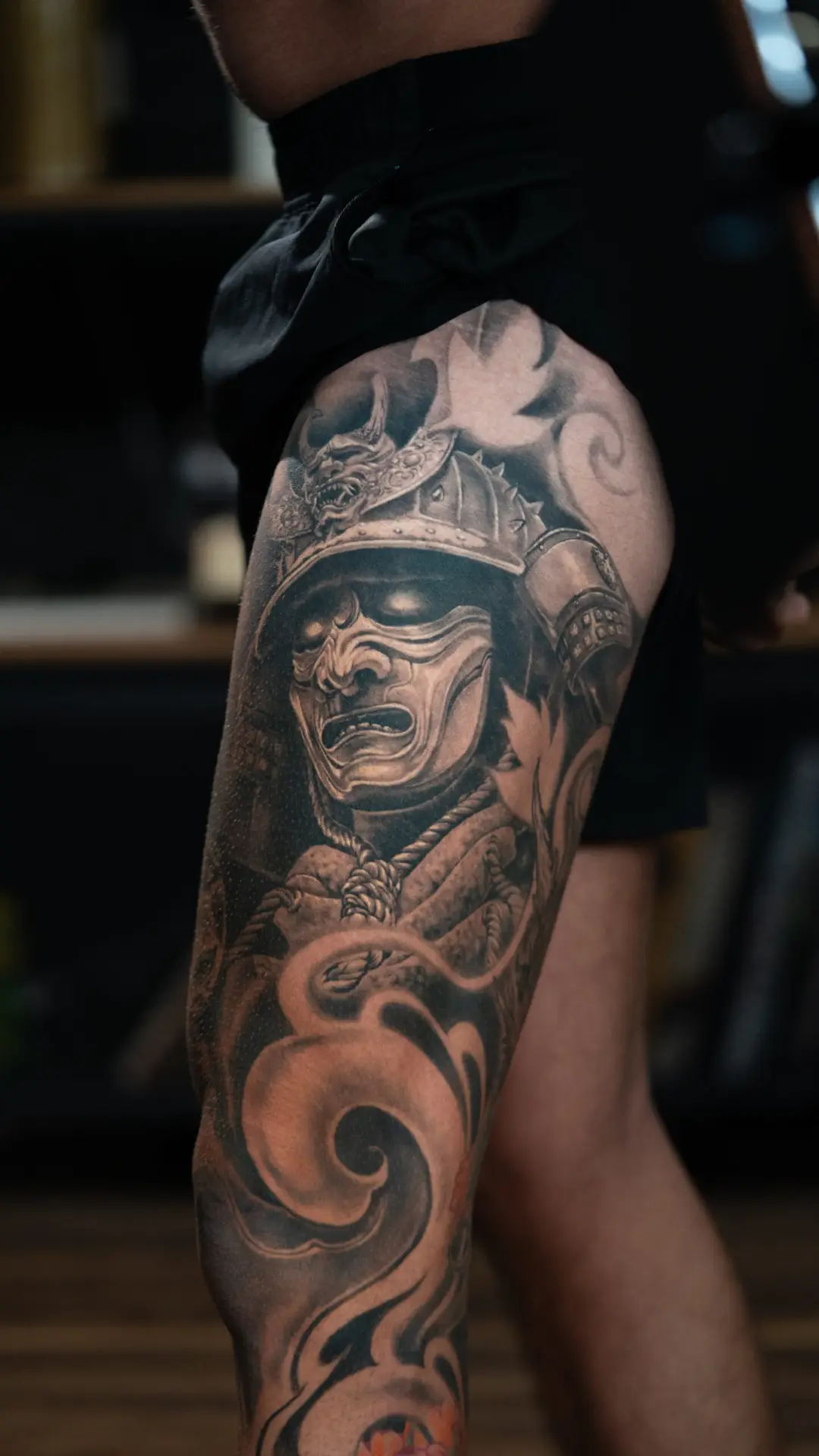 Black and grey samurai realism tattoo sleeve by All City Tattoo