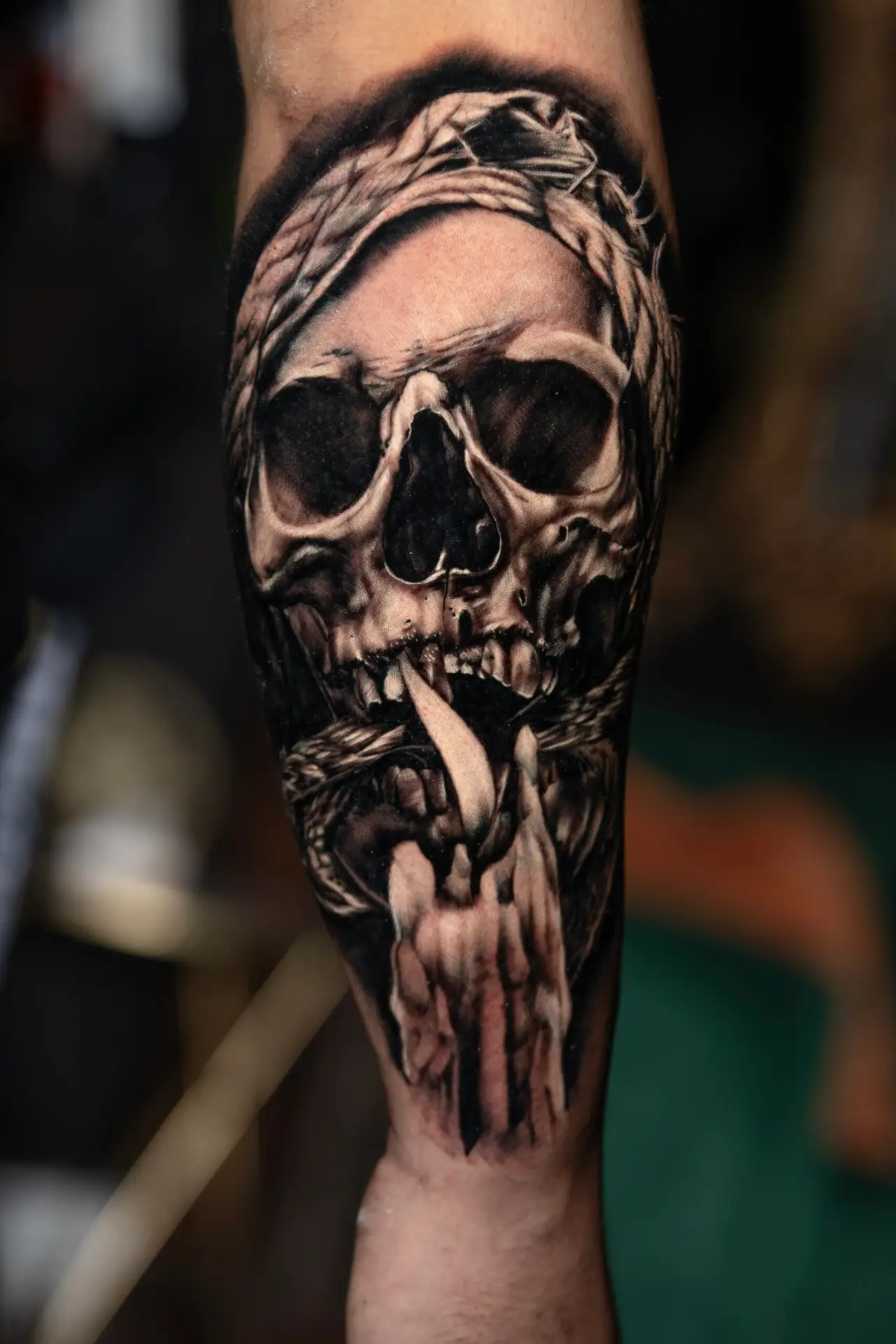 Dark smoking skull blackwork tattoo by All City Tattoo